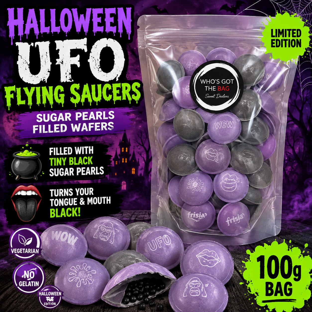 Halloween UFO Flying Saucers, Sugar Pearl Filled Wafers,