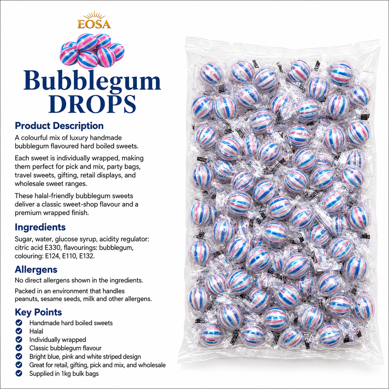 Handmade Bubblegum Drops, Luxury Wrapped Fruit Sweets Eosa