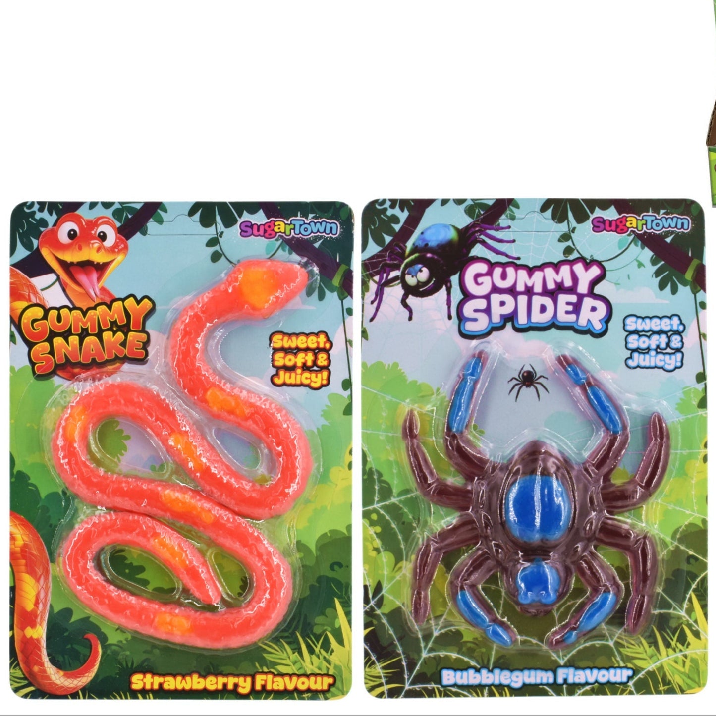 Three packaged gummy toy products on a plain white background: a red snake gummy in a retail display box, a red snake gummy on its own card, and a blue-and-brown spider gummy on its own card.