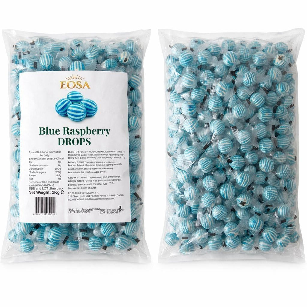 Handmade Blue Raspberry Hard Boiled Sweets, Luxury Wrapped Candy Drops Halal