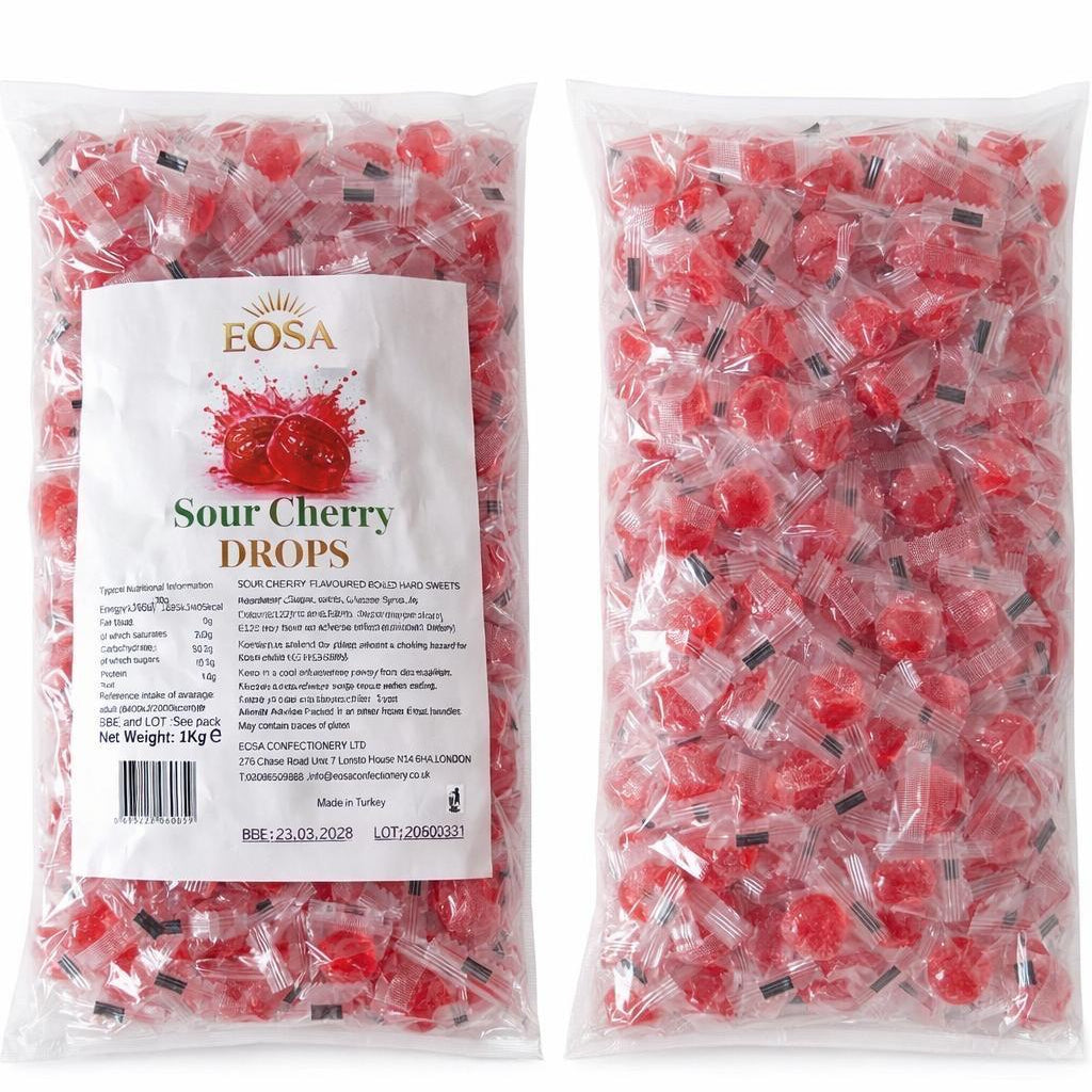 Handmade Sour Cherry Hard Boiled Sweets, Luxury Wrapped Candy Drops Halal Eosa