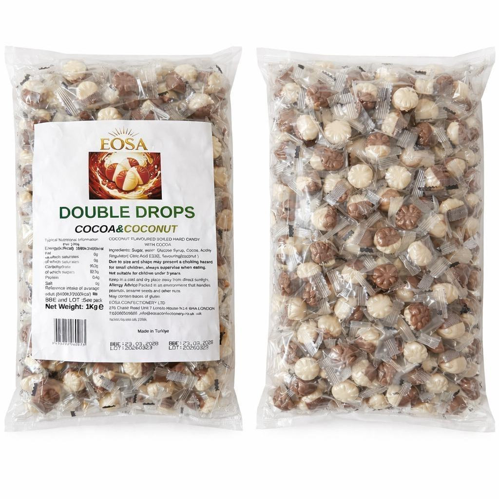 Handmade Cocoa & Coconut Hard Boiled Sweets, Luxury Wrapped Double Drops Halal Eosa