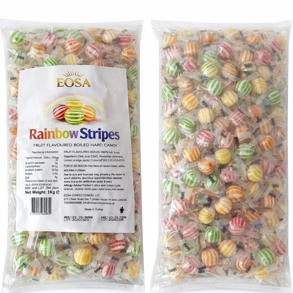Handmade Rainbow Stripes Hard Boiled Sweets, Luxury Wrapped Fruit Candy Halal Eosa