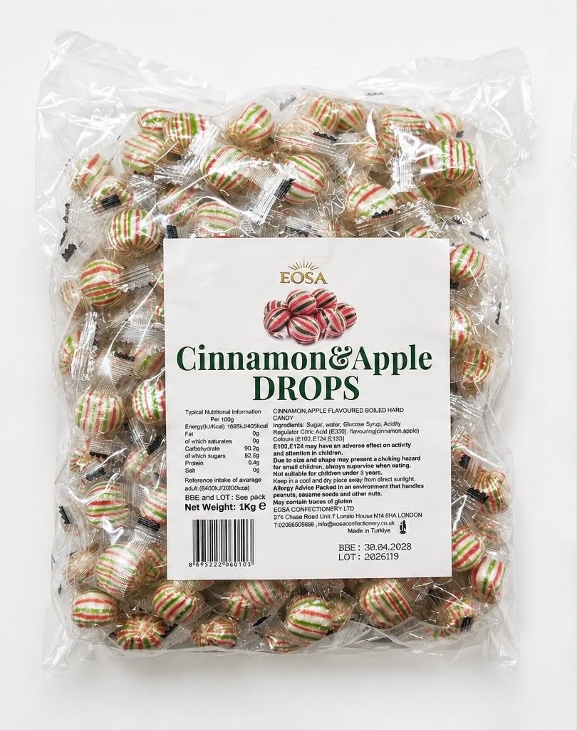 Handmade Cinnamon & Apple Drops, Luxury Wrapped Fruit Sweets Eosa