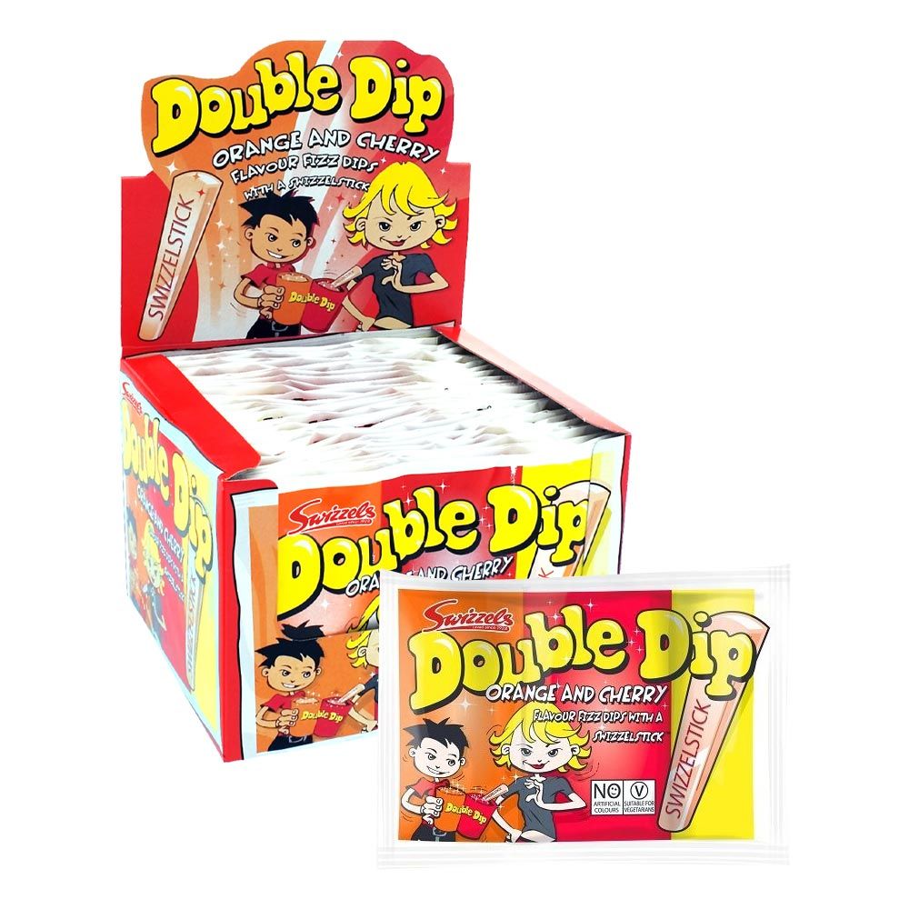 A box of Swizzels Original Double Dip sweets, showing the packaging with cartoon images and the orange and cherry flavored candies visible.