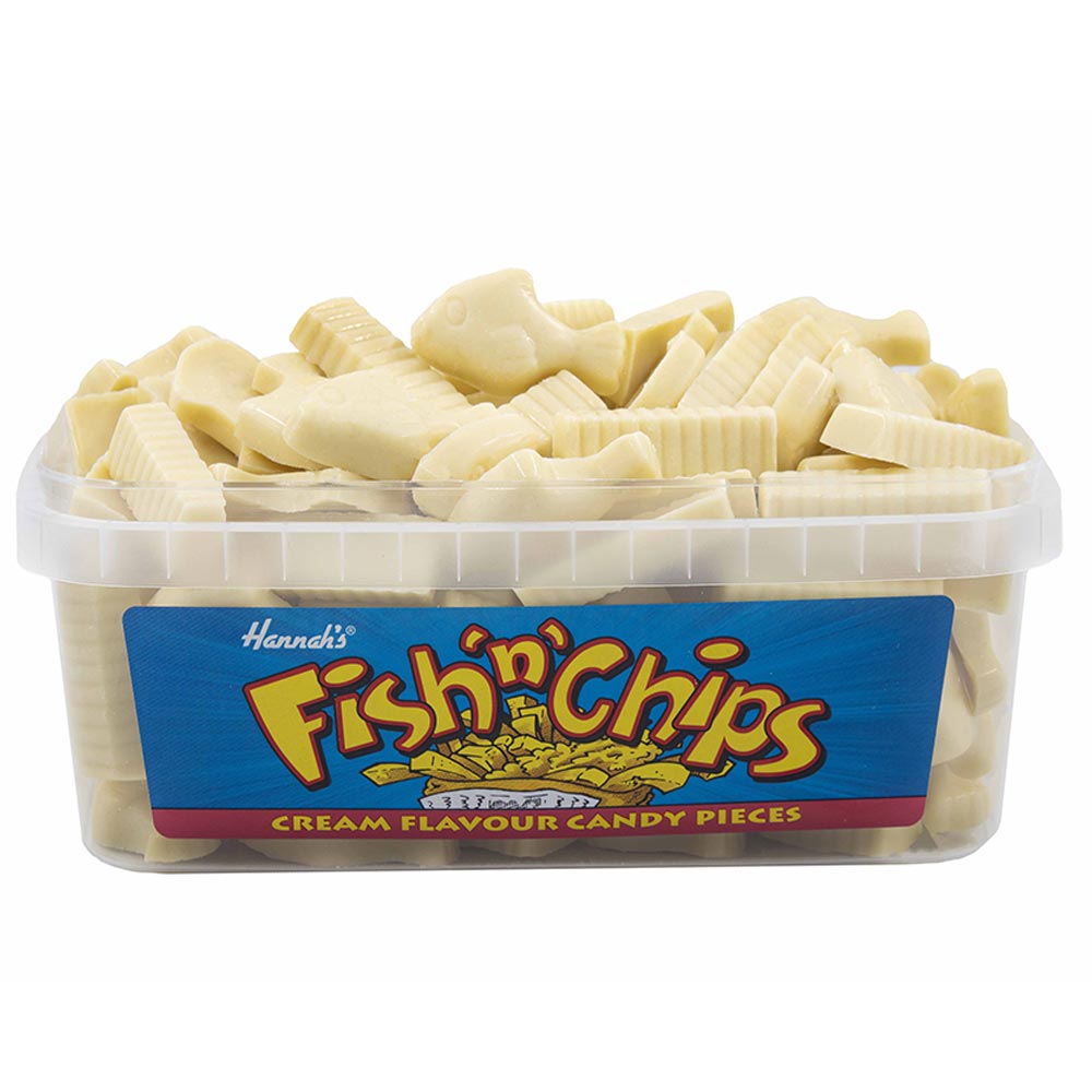 Hannah's Fish n Chips Tub 600g Chocolate & And Cream Flavoured Candy