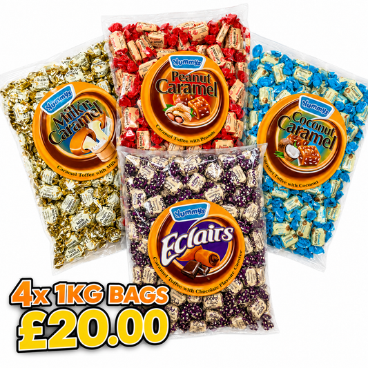 Get four large 1kg bags of individually wrapped Yummys caramel sweets for only £20.