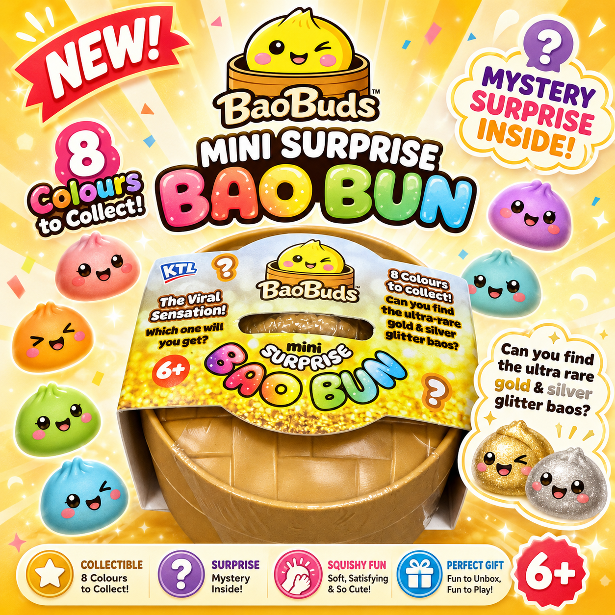 BaoBuds Mini Surprise Bao Bun Mystery Squishy Toy, 8 Colours to Collect, Ages 6+
