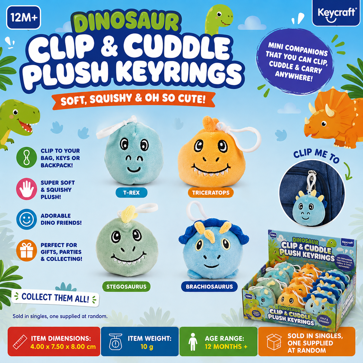 Dinosaur Clip & Cuddle Plush Keyrings