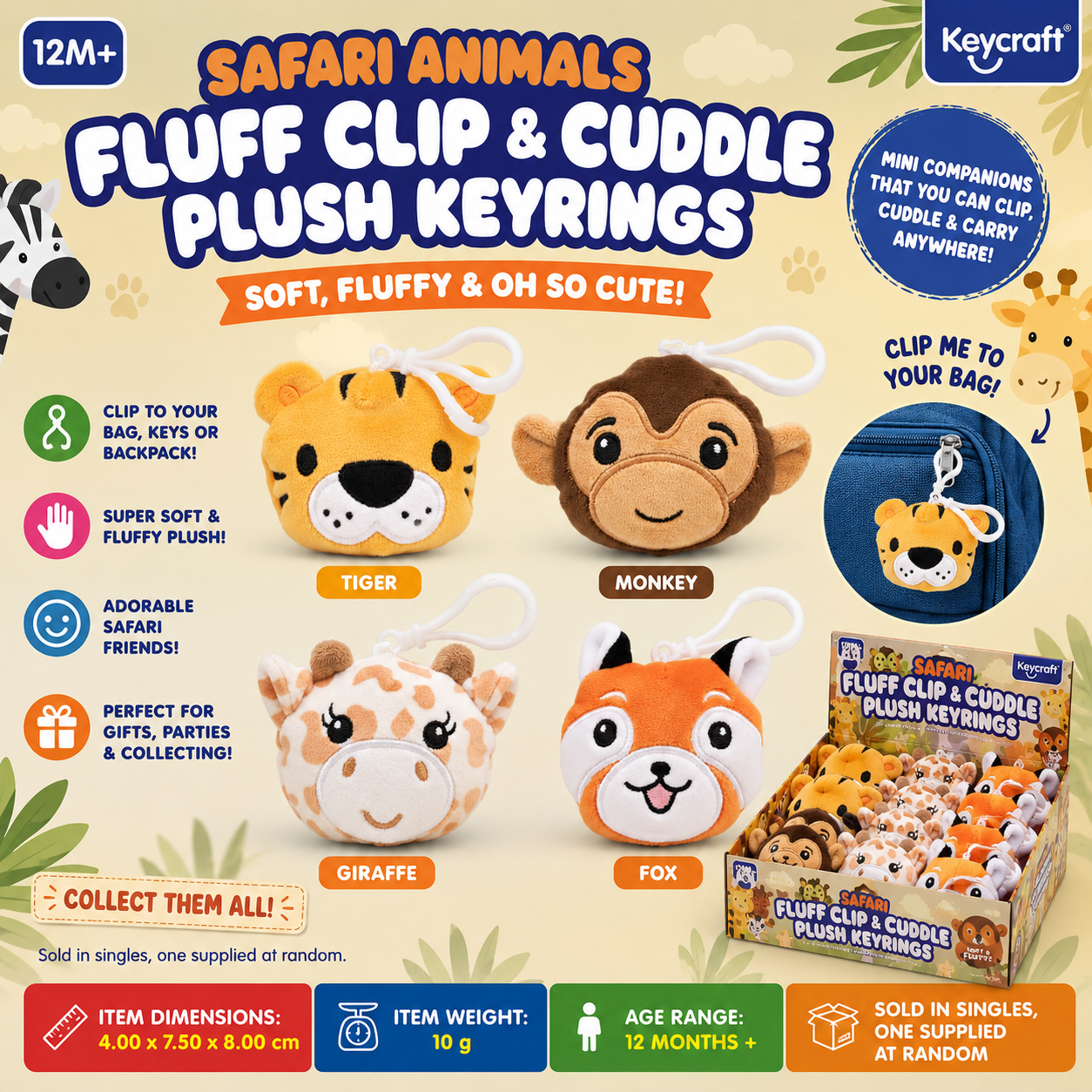 Safari Animals Fluff Clip & Cuddle Plush Keyrings