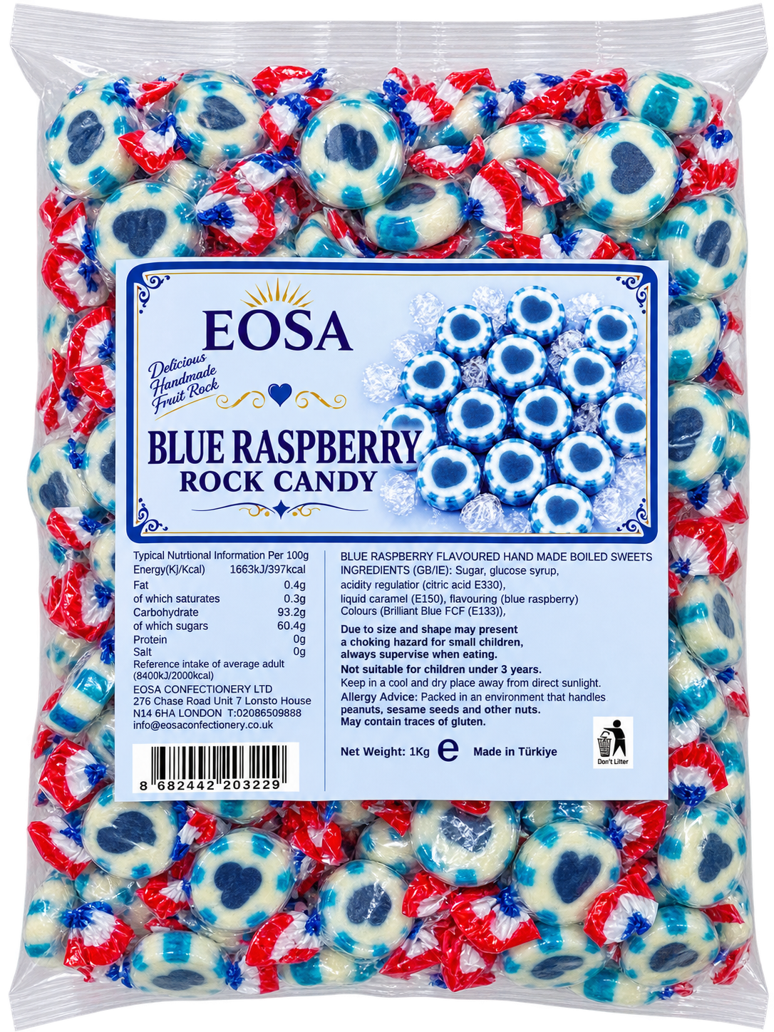 EOSA Heart Blue Raspberry Heart Rock Candy, 1kg