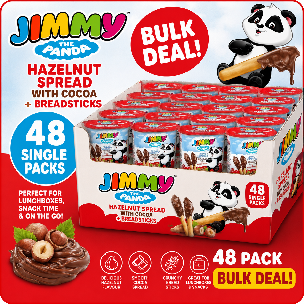 Jimmy the Panda Hazelnut Cocoa Spread with Breadsticks, 48 Singes Bulk Deal