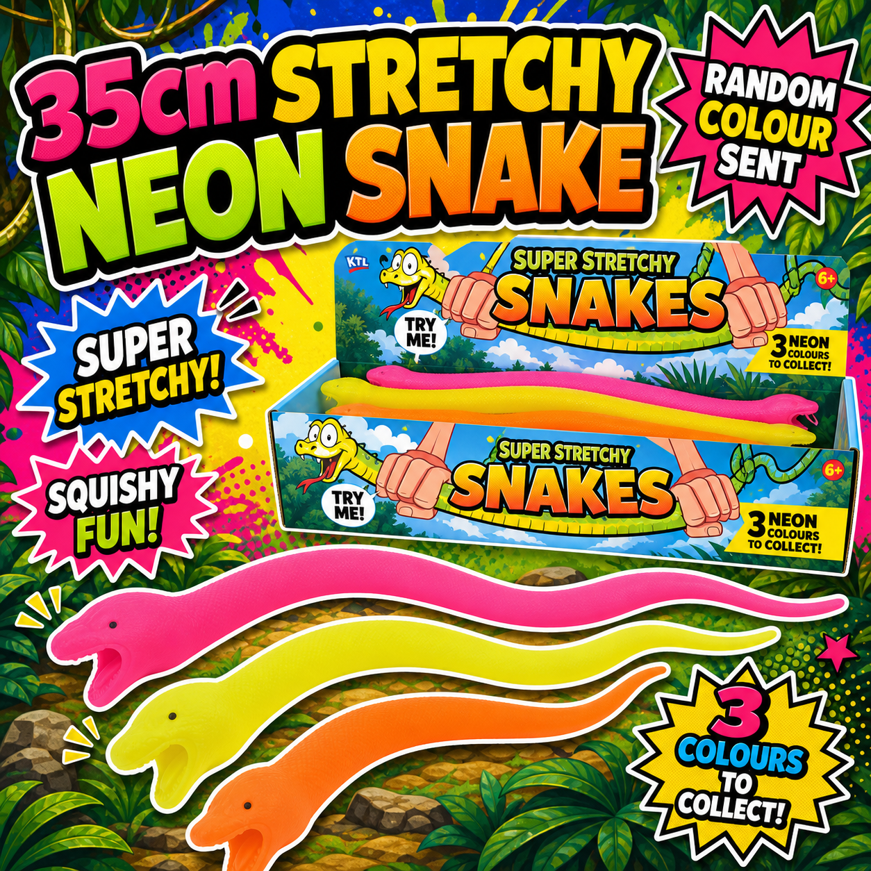 35cm Stretchy Squishy Neon Snake Random Colour Sent