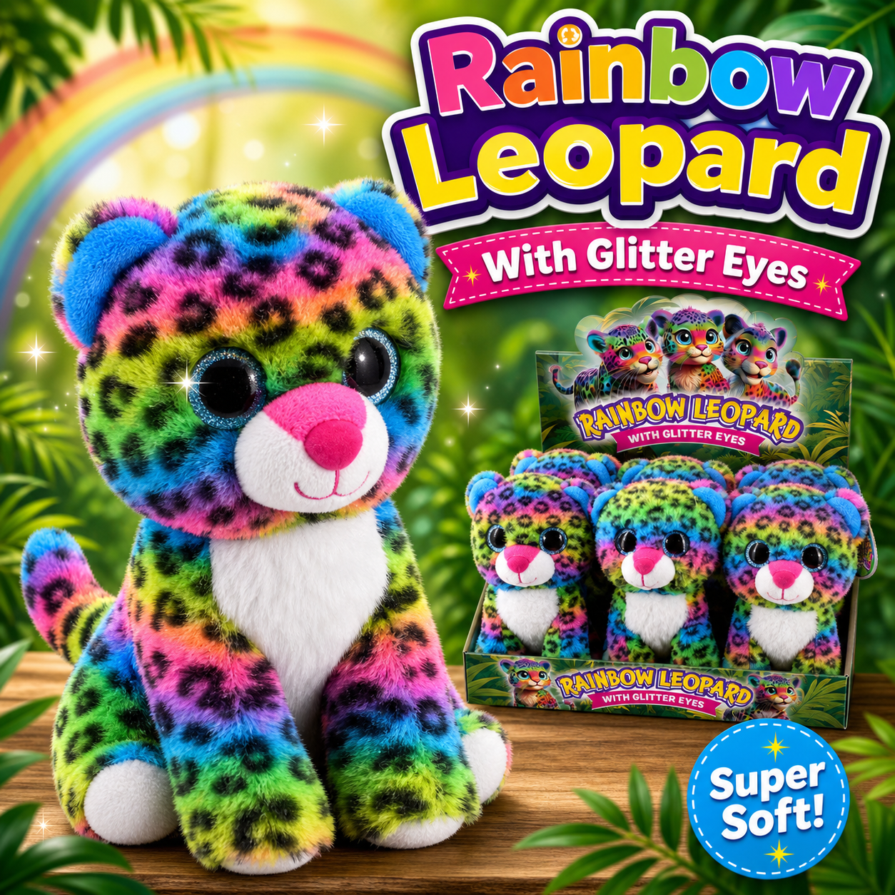 20cm Rainbow Leopard Print Cat With Glitter Eyes