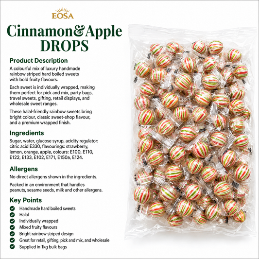 Handmade Cinnamon & Apple Drops, Luxury Wrapped Fruit Sweets Eosa