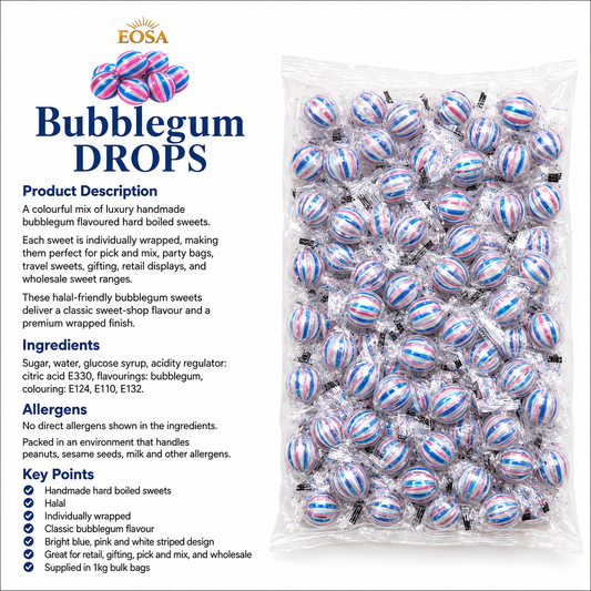 Handmade Bubblegum Drops, Luxury Wrapped Fruit Sweets Eosa