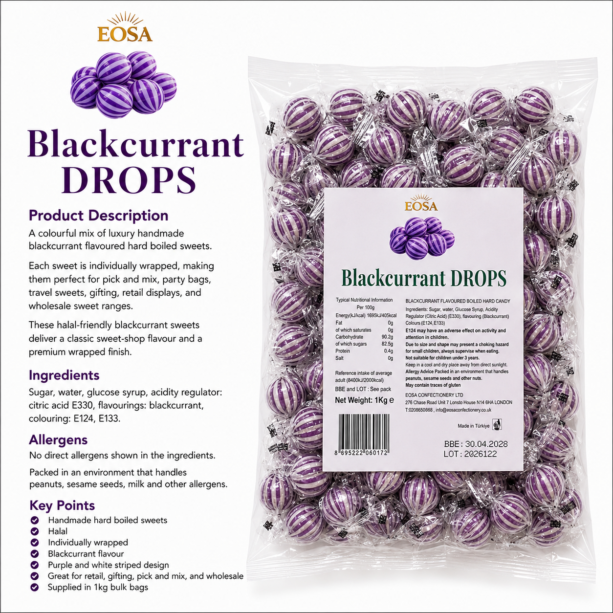 Handmade Blackcurrant Drops, Luxury Wrapped Fruit Sweets Eosa