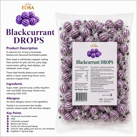 Handmade Blackcurrant Drops, Luxury Wrapped Fruit Sweets Eosa