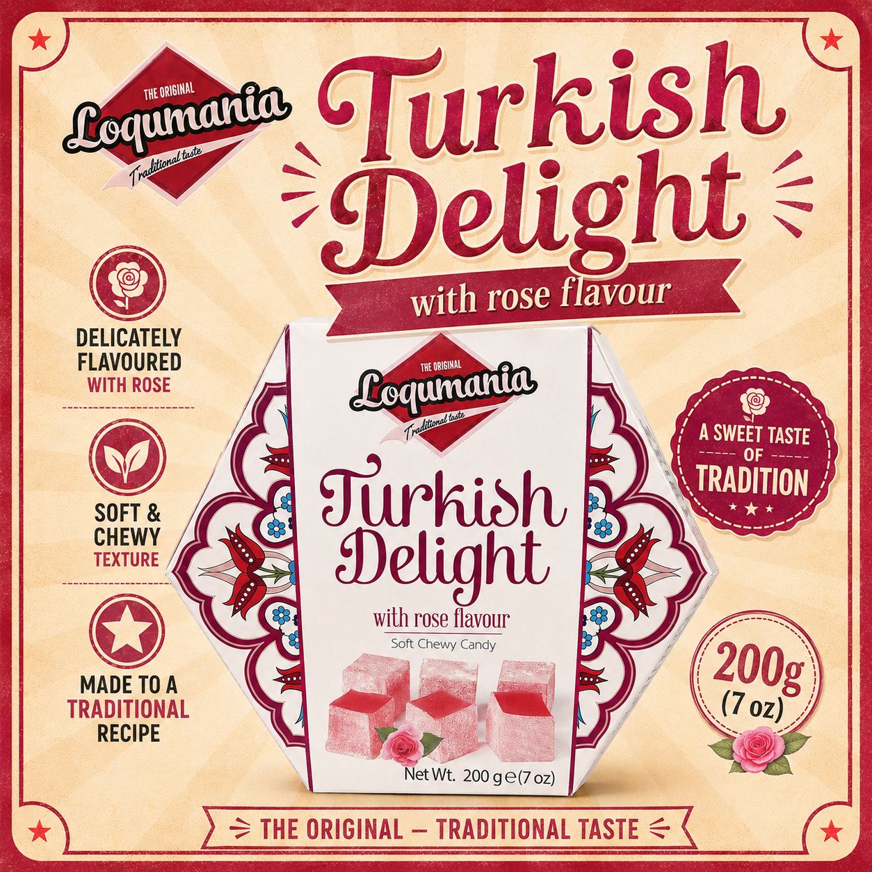 Turkish Delight 200g Gift Box Rose Flavour Soft Chewy Candy