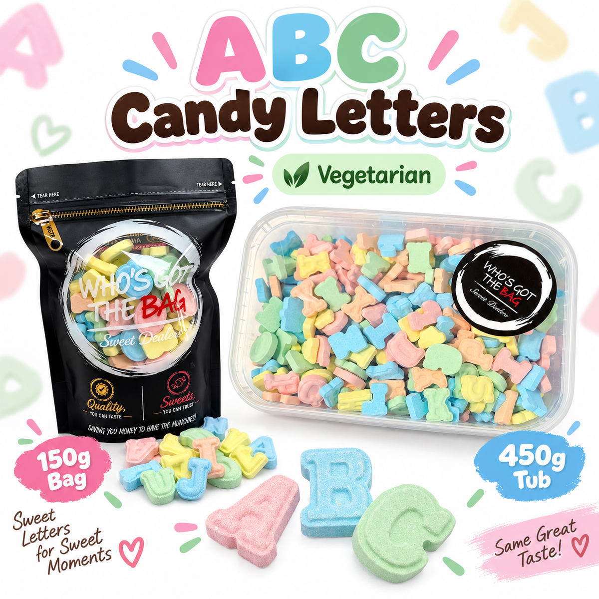 ABC Candy Letters Vegetarian Sweets, Colourful Alphabet Candy, 150g Bag or 450g Tub
