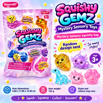 Squishy Gemz Mystery Sensory Toy Blind Bag, Glitter Squishy Collectible, Random Design, 3+