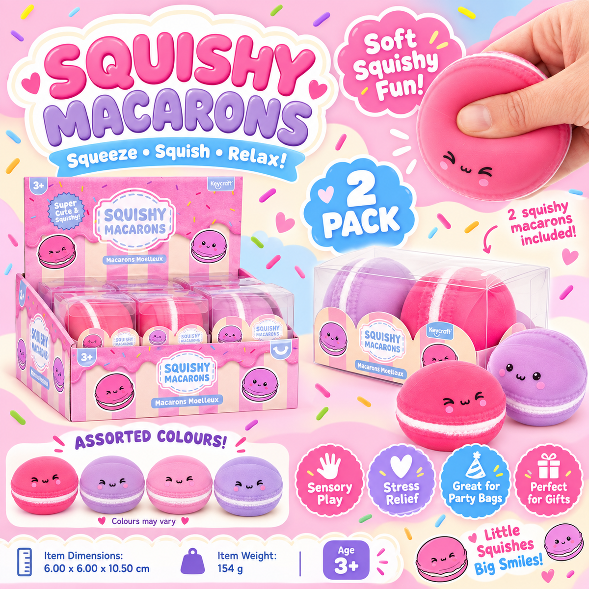 Squishy Macarons 2 Pack Sensory Fidget Toys, Soft Squeezy Stress Relief Toys, 3+