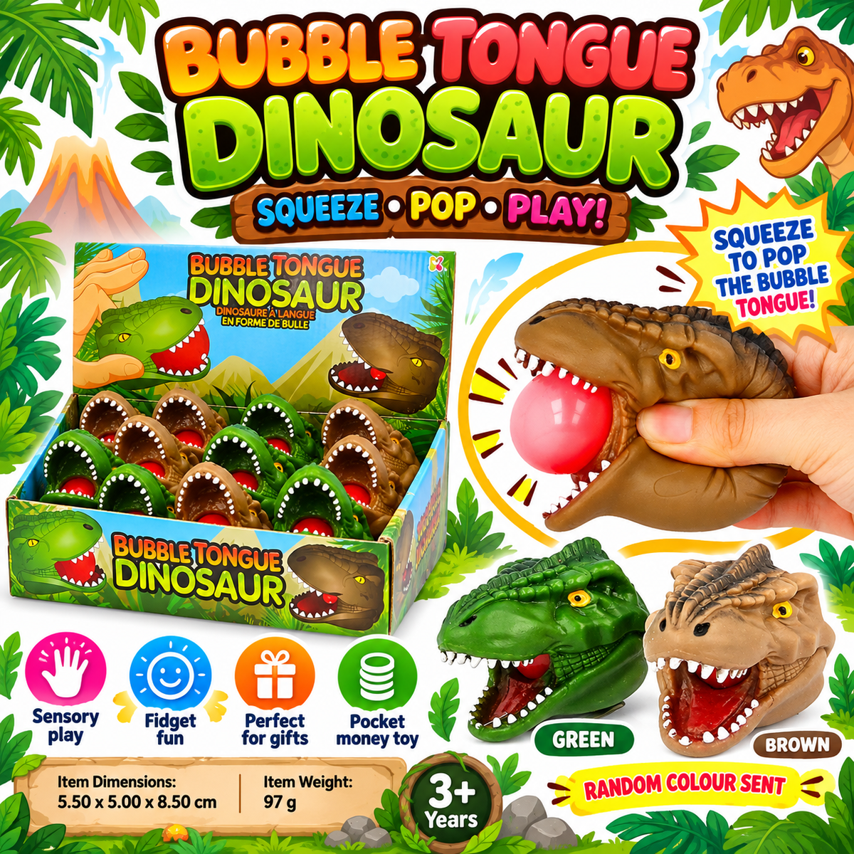 Bubble Tongue Dinosaur Sensory Squeeze Toy, Pop-Out Bubble,