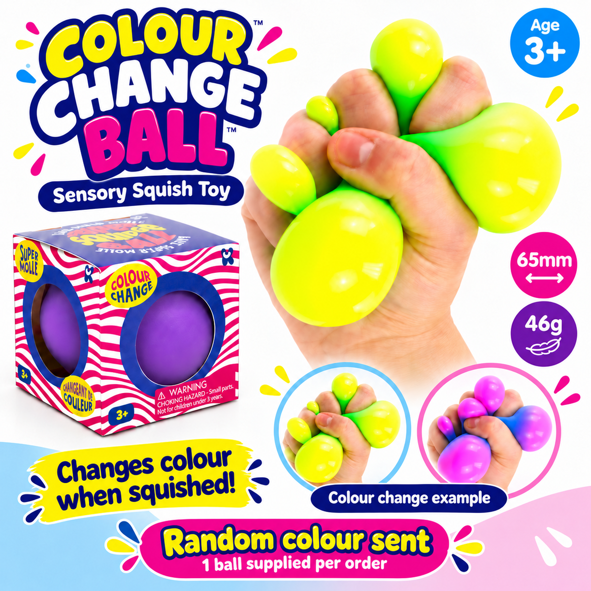 Colour Change Sensory Squish Ball 65mm Fidget Toy Random Colour Sent
