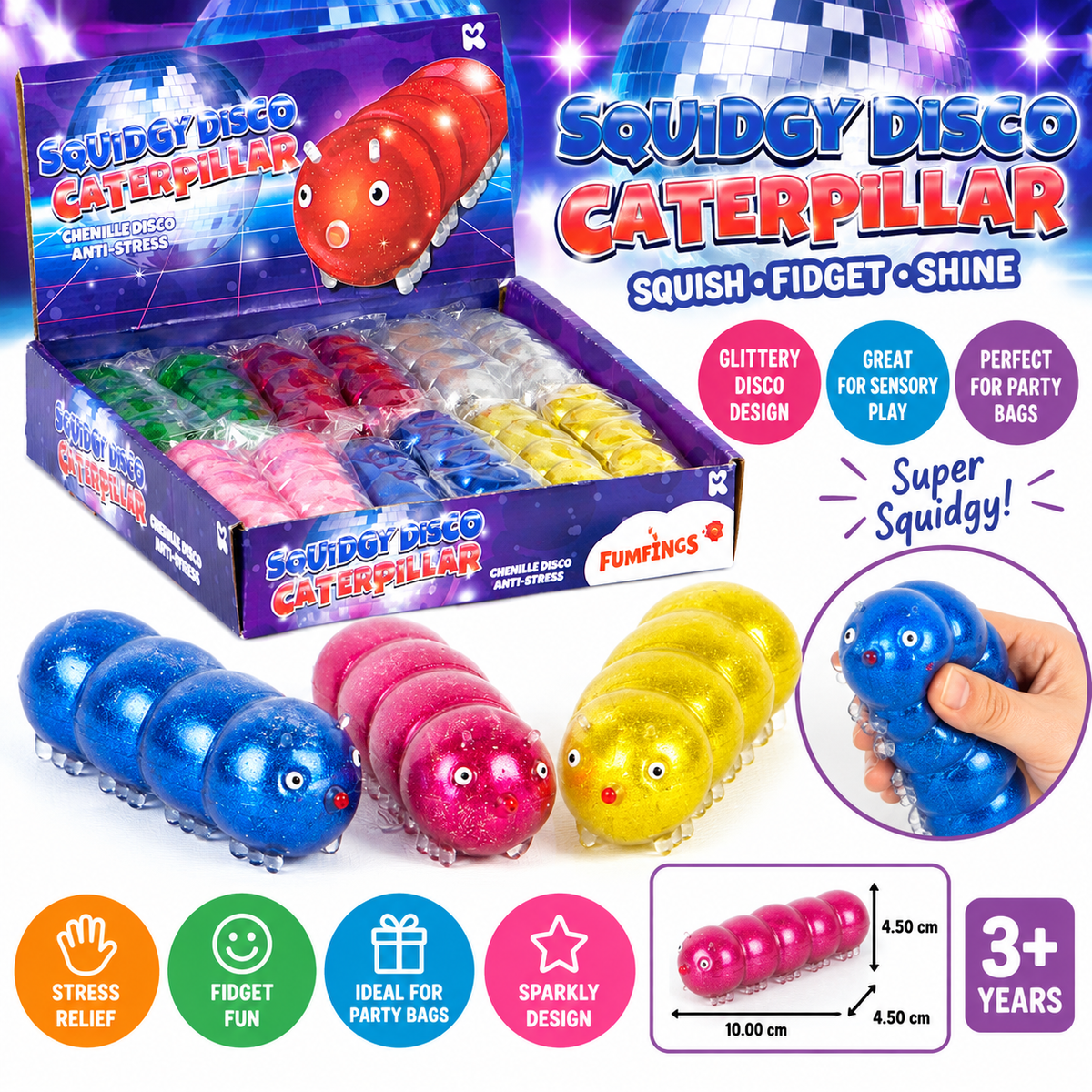 Squidgy Disco Caterpillar Sensory Fidget Toy, Glittery Squishy Grub