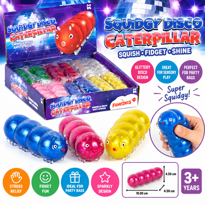 Squidgy Disco Caterpillar Sensory Fidget Toy, Glittery Squishy Grub