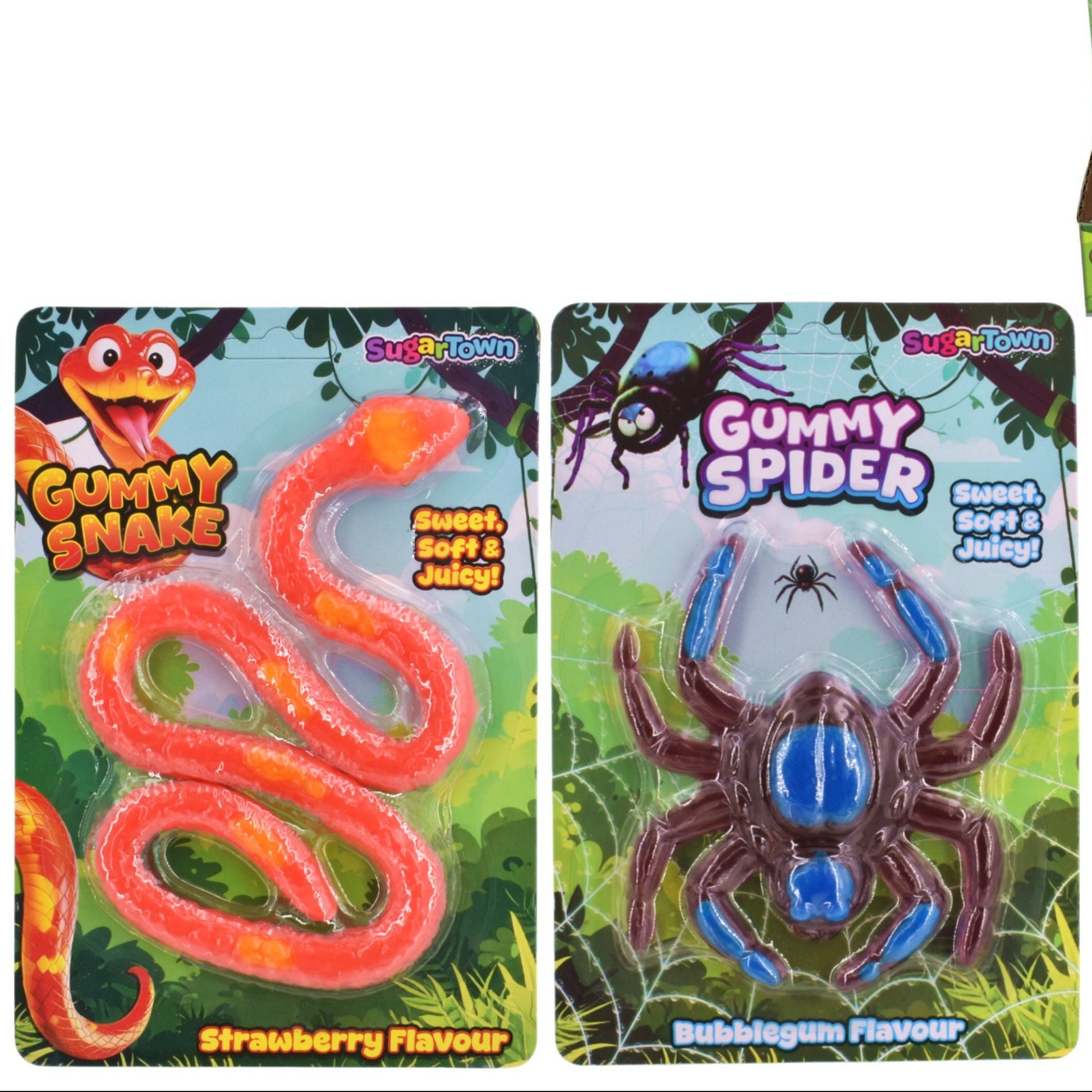 Three packaged gummy toy products on a plain white background: a red snake gummy in a retail display box, a red snake gummy on its own card, and a blue-and-brown spider gummy on its own card.