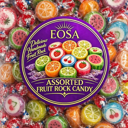 Packaged assorted fruit rock candy with Eosa label on a white background