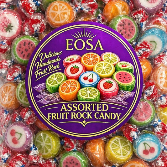 Packaged assorted fruit rock candy with Eosa label on a white background