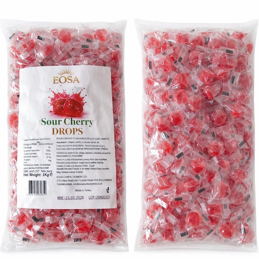 Handmade Sour Cherry Hard Boiled Sweets, Luxury Wrapped Candy Drops Halal Eosa