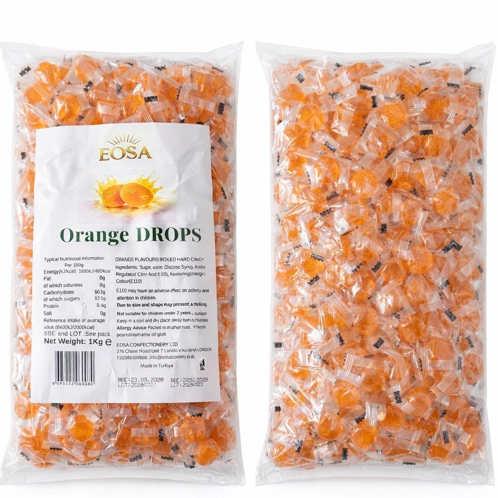 Handmade Orange Hard Boiled Sweets, Luxury Wrapped Orange Drops Halal Eosa