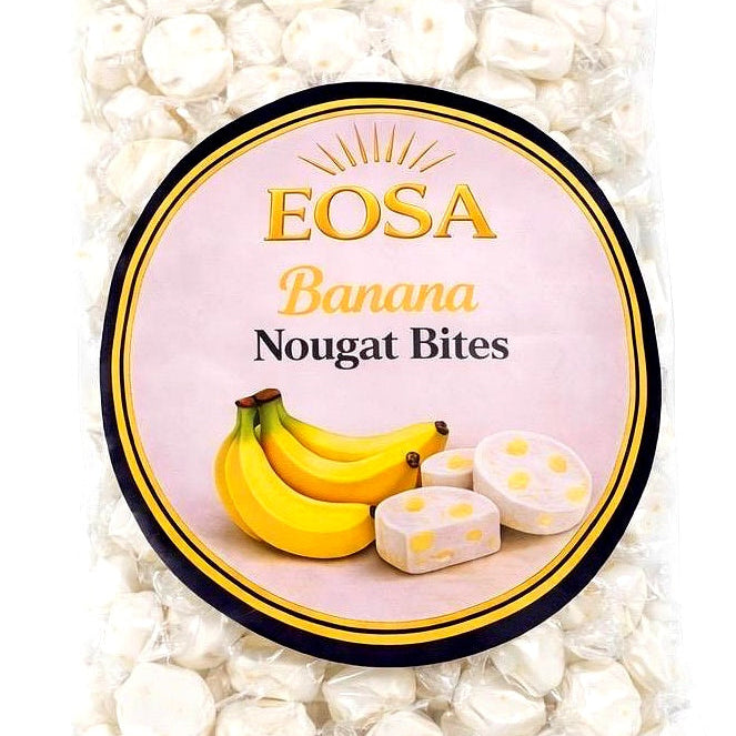 Packaging of EOSA Banana Nougat Bites with a pink label featuring bananas and nougat.