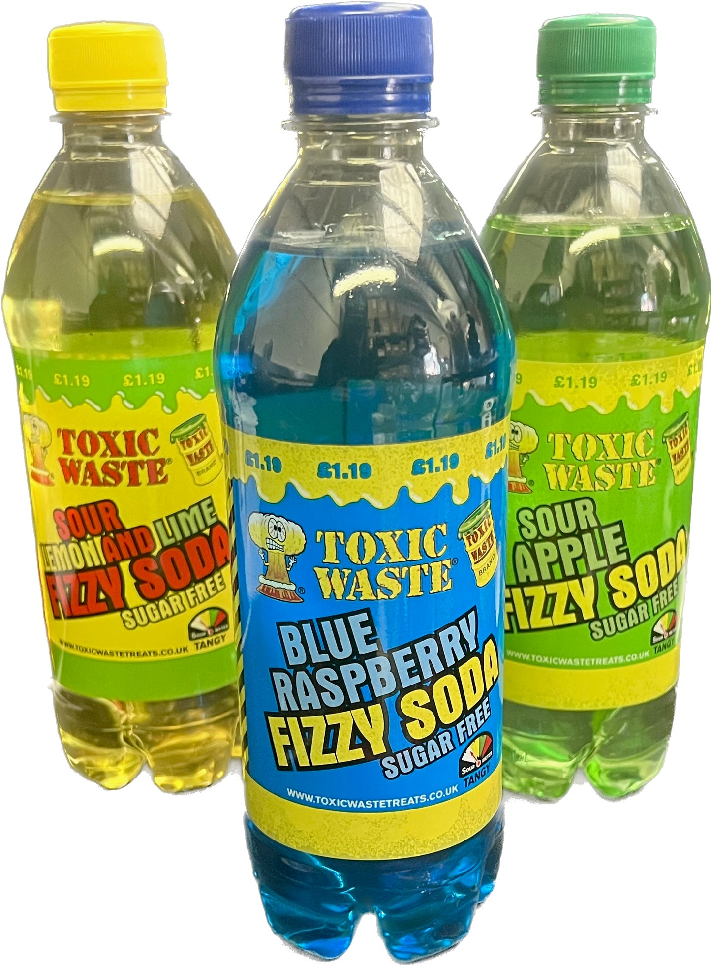 Toxic waste soda triple pack, blue raspberry, Lemon and lime, sour apple.